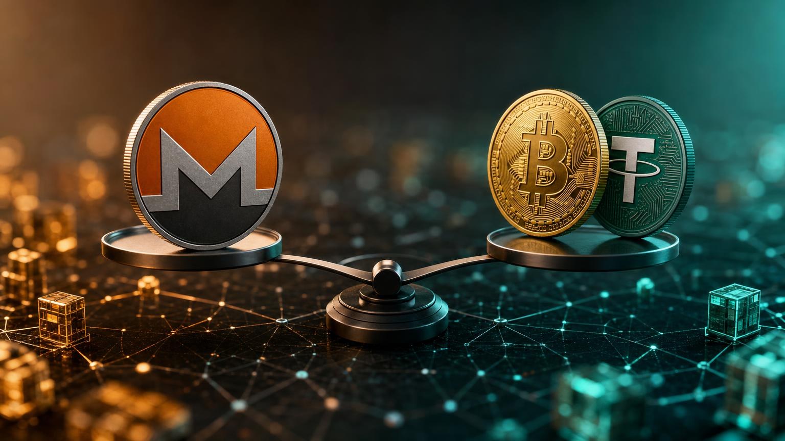 Monero coins branching toward Bitcoin and USDT, illustrating a practical comparison of two cryptocurrency exchange routes